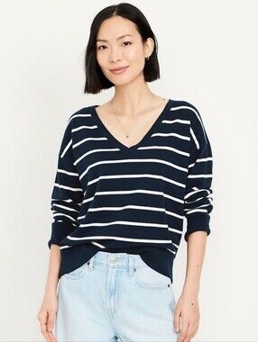 GAP Womens Navy White Stripe V-Neck Sweater - Size Large